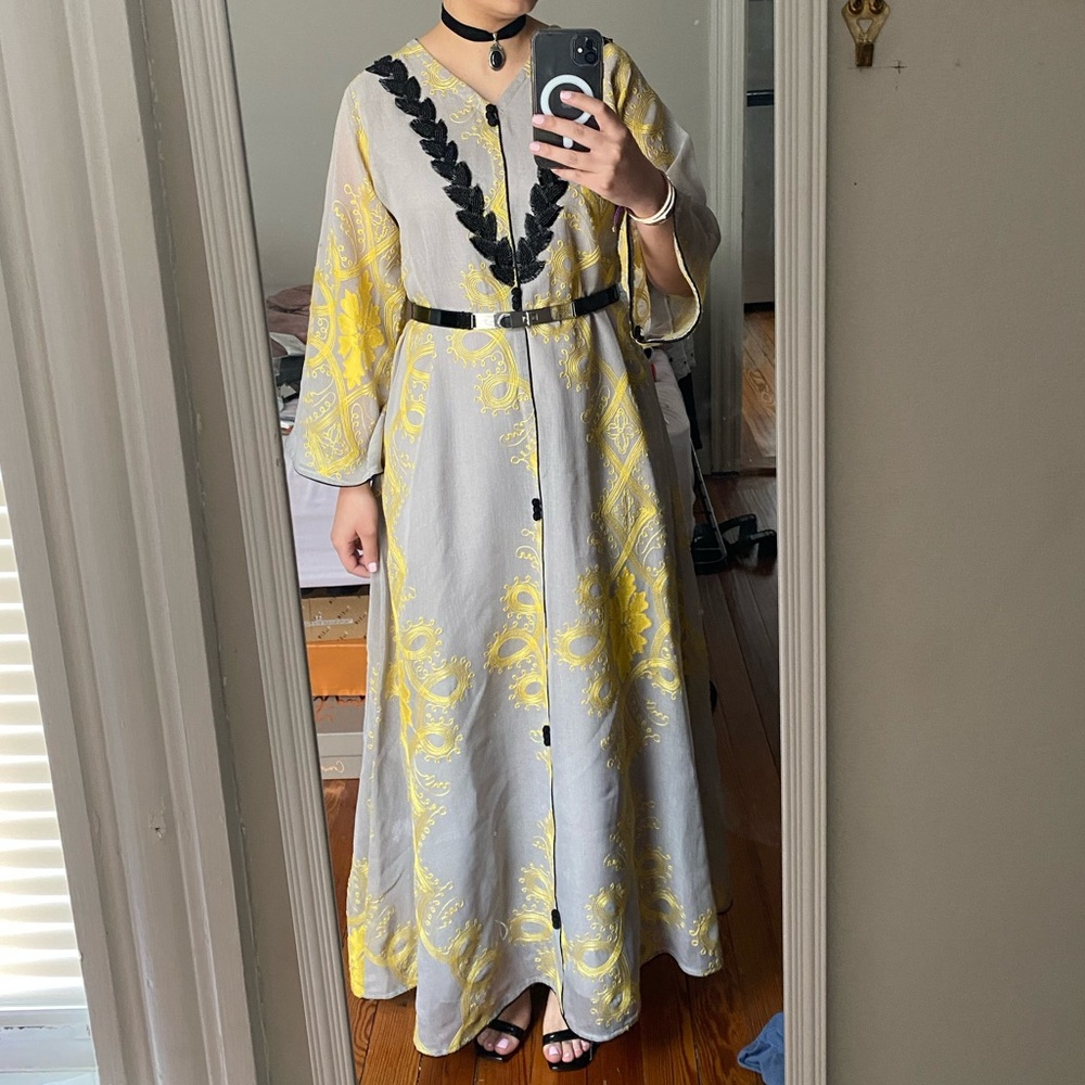 Gray,Yellow and Black beaded Kaftan